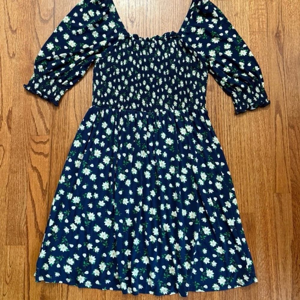 Draper James Navy Blue Floral Smocked Square-Neck Dress